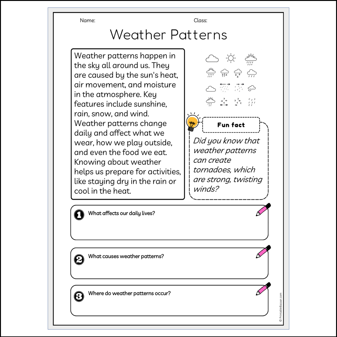 Weather Patterns | Reading Passage Comprehension Questions Writing Facts Worksheet