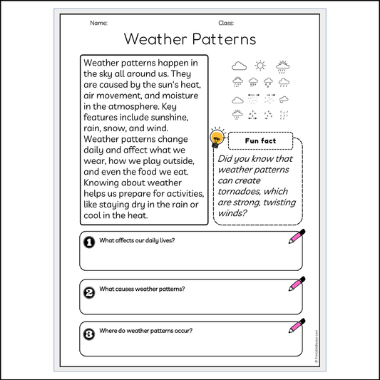 Weather Patterns | Reading Passage Comprehension Questions Writing Facts Worksheet