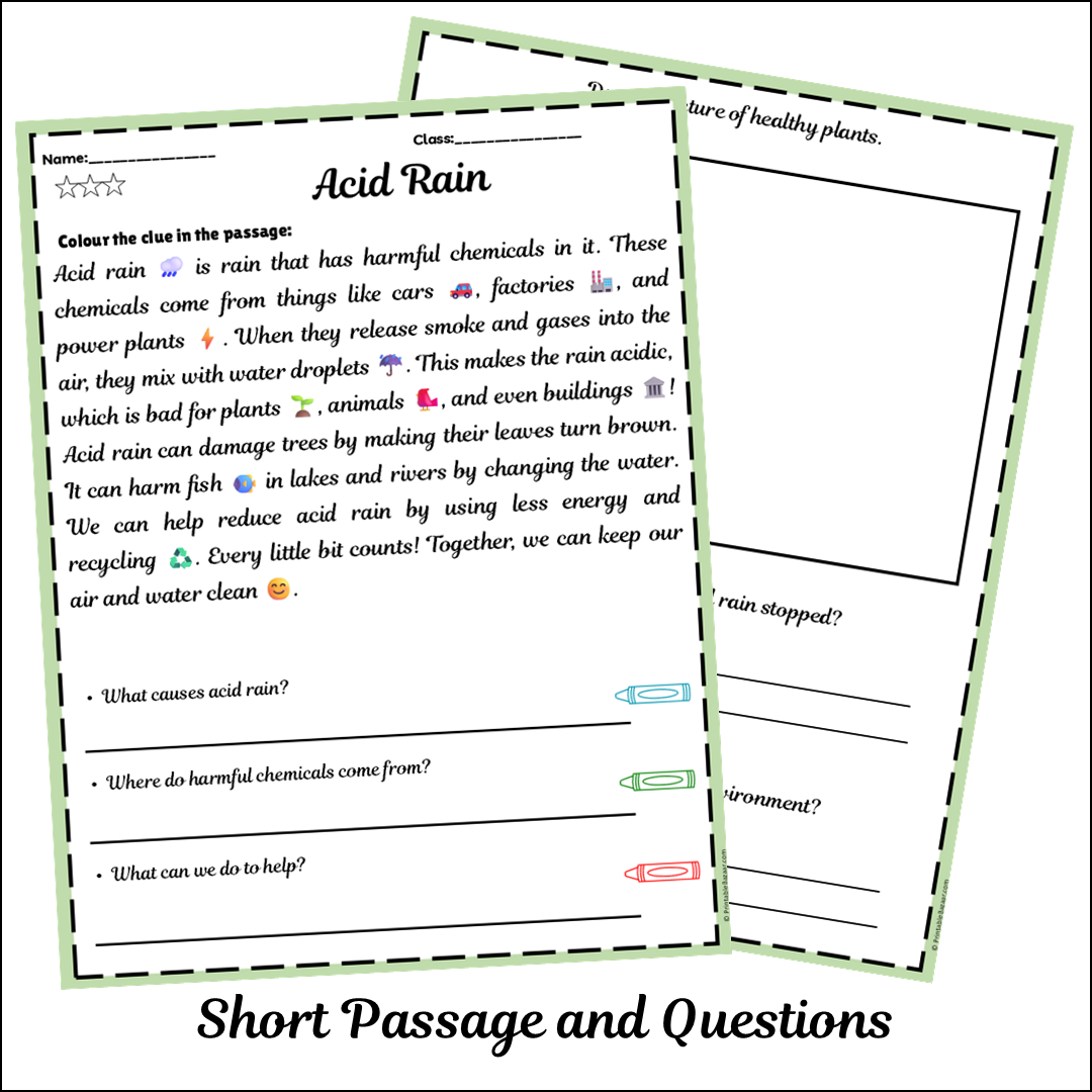 Acid Rain | Short Reading Comprehension Creative Worksheet