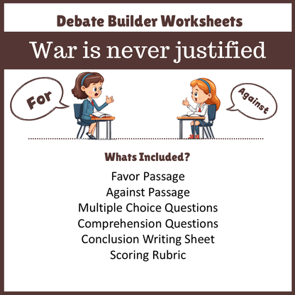 War is never justified | Favour and Against Worksheet Printable Activity