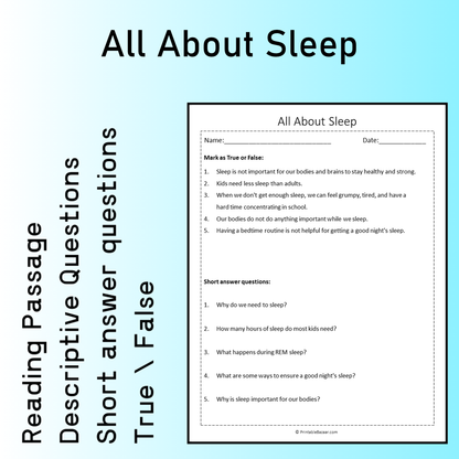 All About Sleep | Reading Comprehension Passage Printable Worksheet