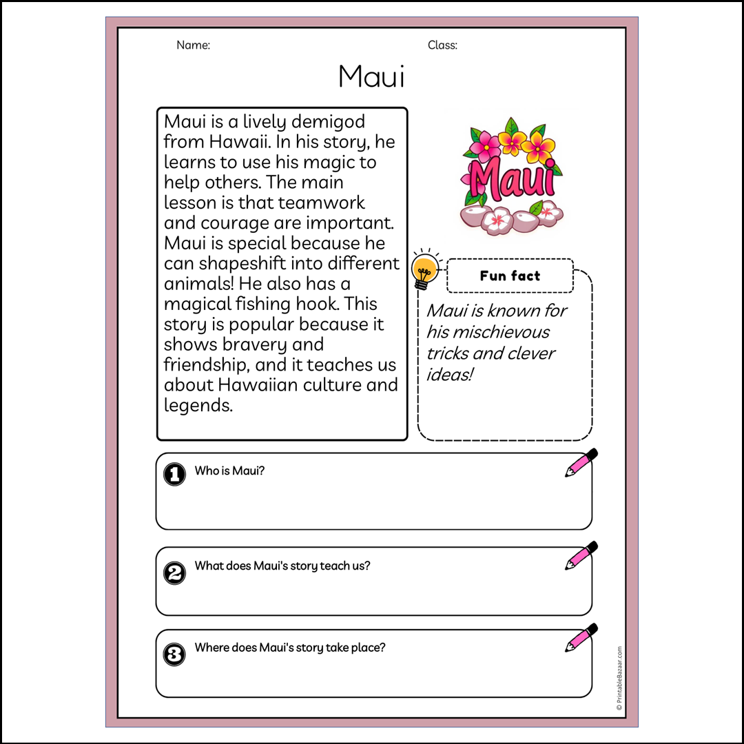 Maui | Reading Passage Comprehension Questions Writing Facts Worksheet