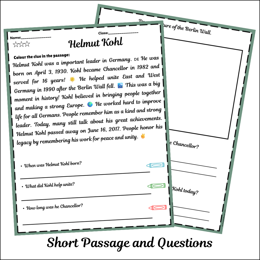 Helmut Kohl | Short Reading Comprehension Creative Worksheet