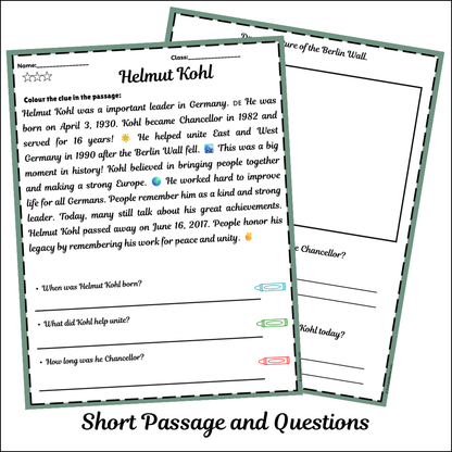 Helmut Kohl | Short Reading Comprehension Creative Worksheet