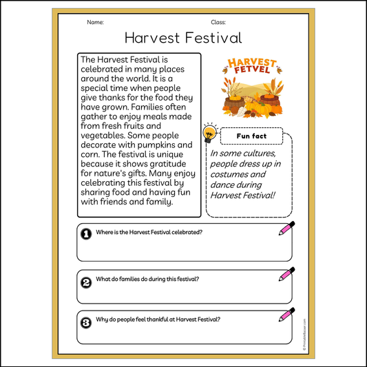 Harvest Festival | Reading Passage Comprehension Questions Writing Facts Worksheet