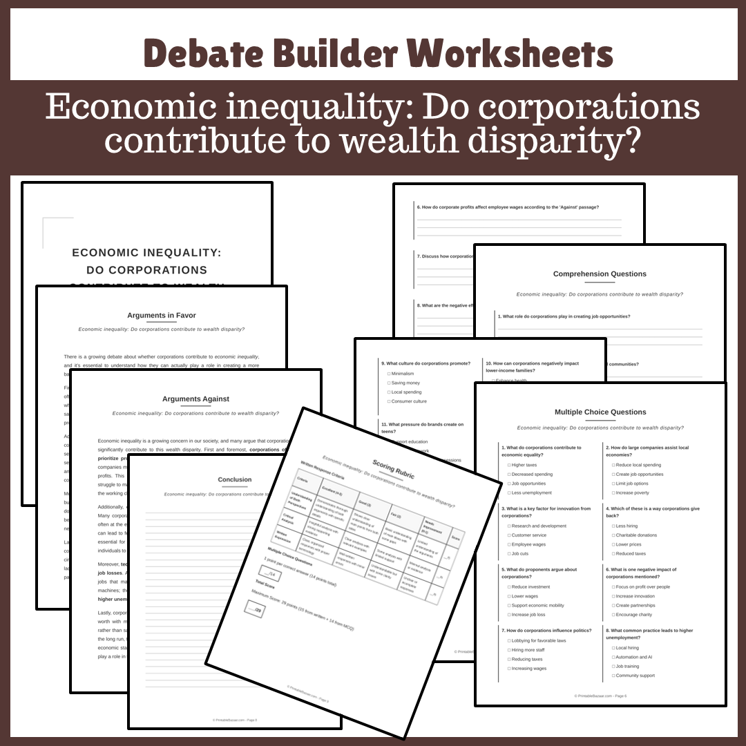 Economic inequality: Do corporations contribute to wealth disparity? | Favour and Against Worksheet Printable Activity