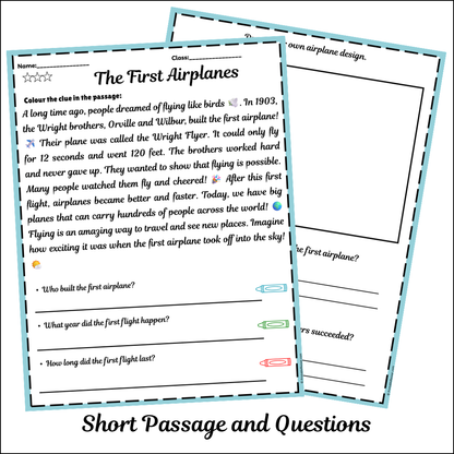 The First Airplanes | Short Reading Comprehension Creative Worksheet