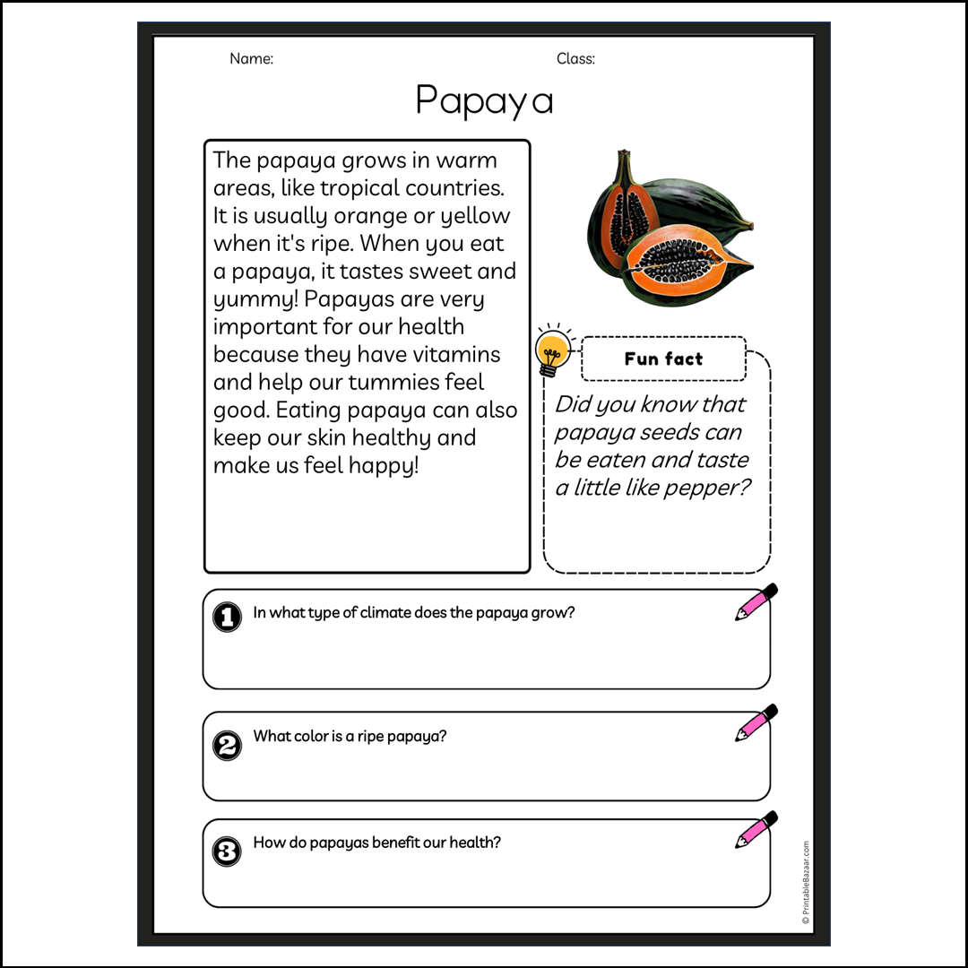 Papaya | Reading Passage Comprehension Questions Writing Facts Worksheet