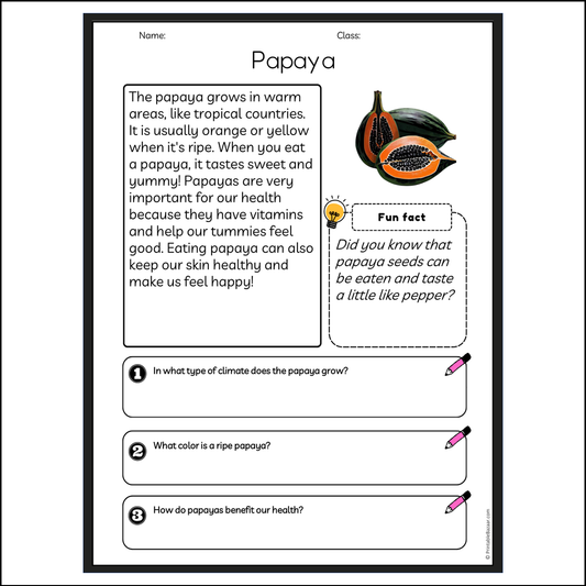 Papaya | Reading Passage Comprehension Questions Writing Facts Worksheet