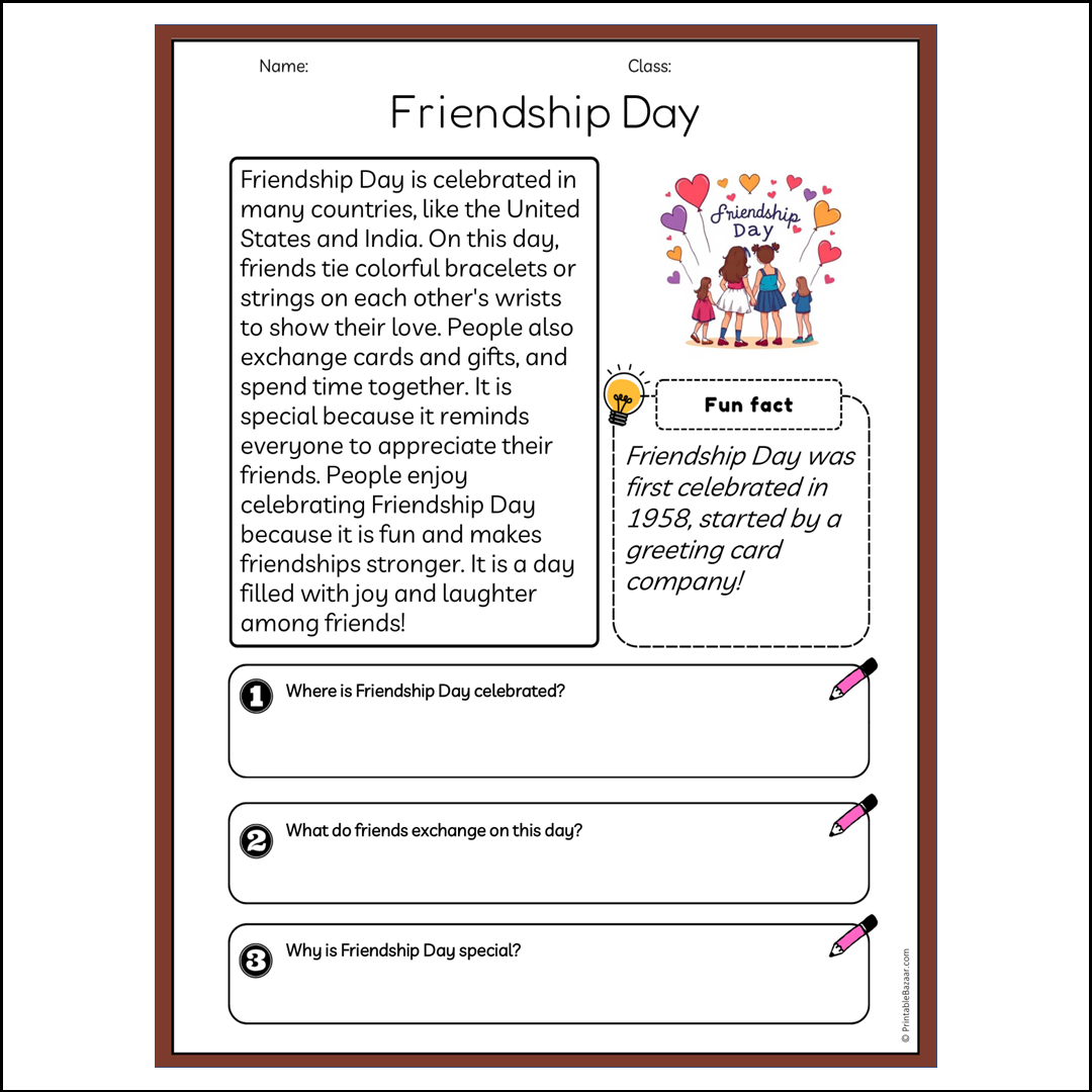 Friendship Day | Reading Passage Comprehension Questions Writing Facts Worksheet