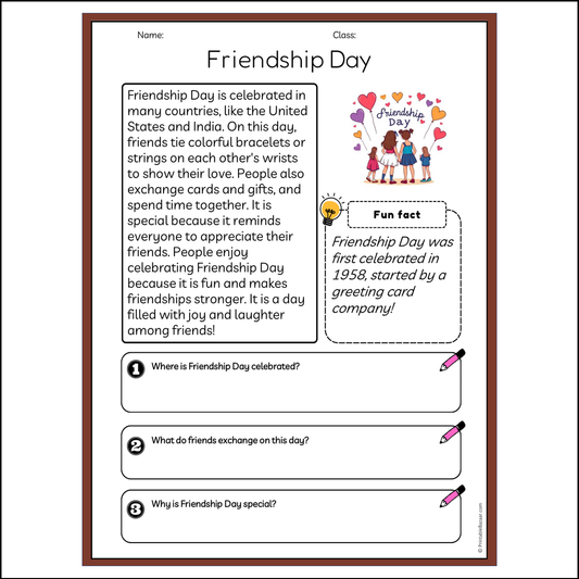 Friendship Day | Reading Passage Comprehension Questions Writing Facts Worksheet