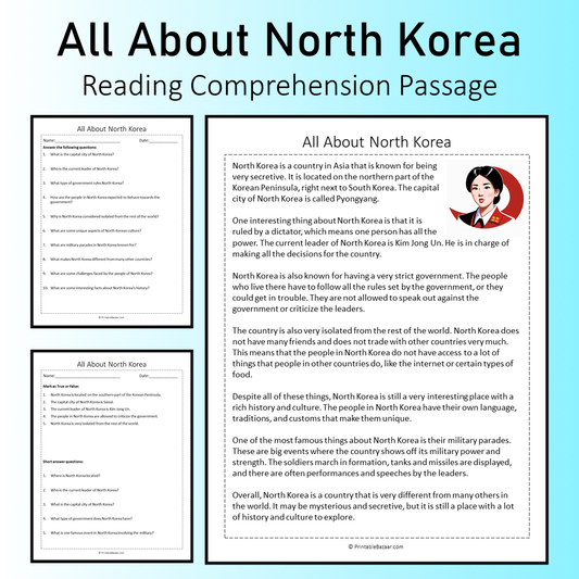 All About North Korea | Reading Comprehension Passage Printable Worksheet