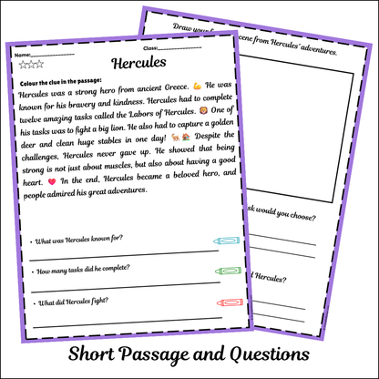 Hercules | Short Reading Comprehension Creative Worksheet