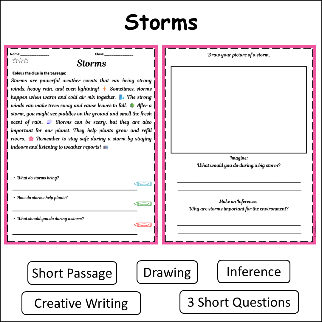 Storms | Short Reading Comprehension Creative Worksheet