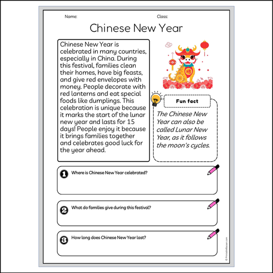 Chinese New Year | Reading Passage Comprehension Questions Writing Facts Worksheet