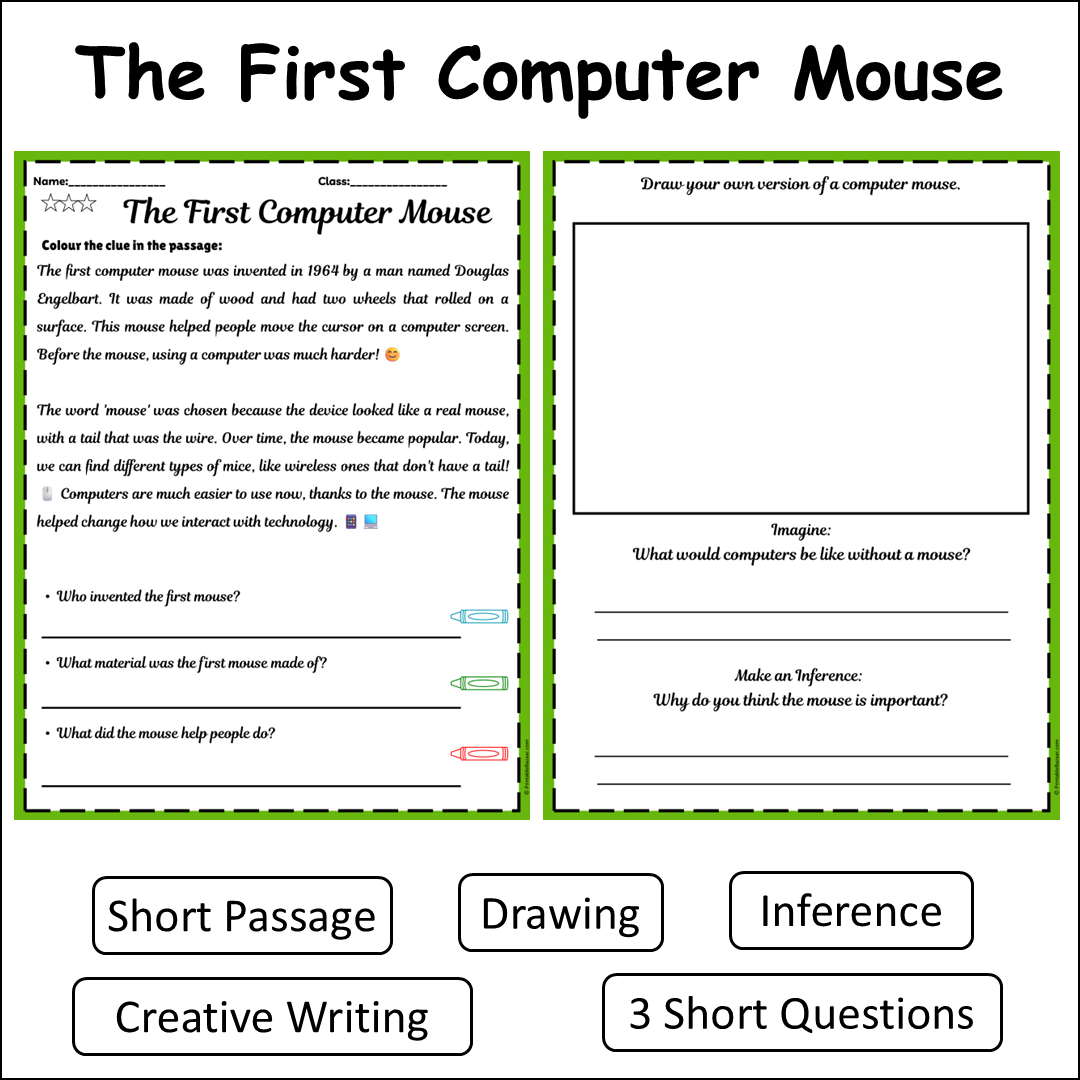 The First Computer Mouse | Short Reading Comprehension Creative Worksheet