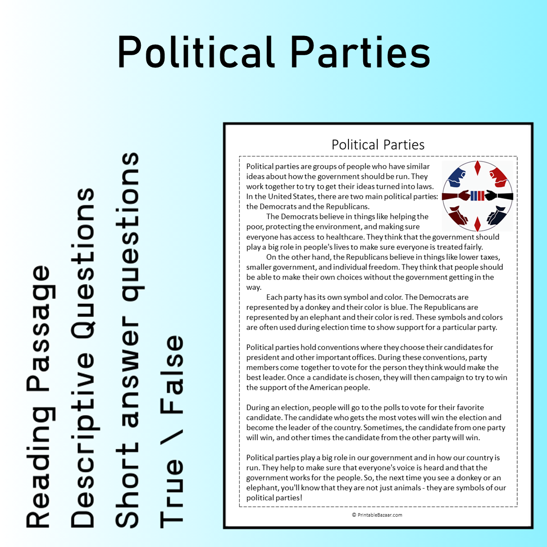 Political Parties | Reading Comprehension Passage Printable Worksheet