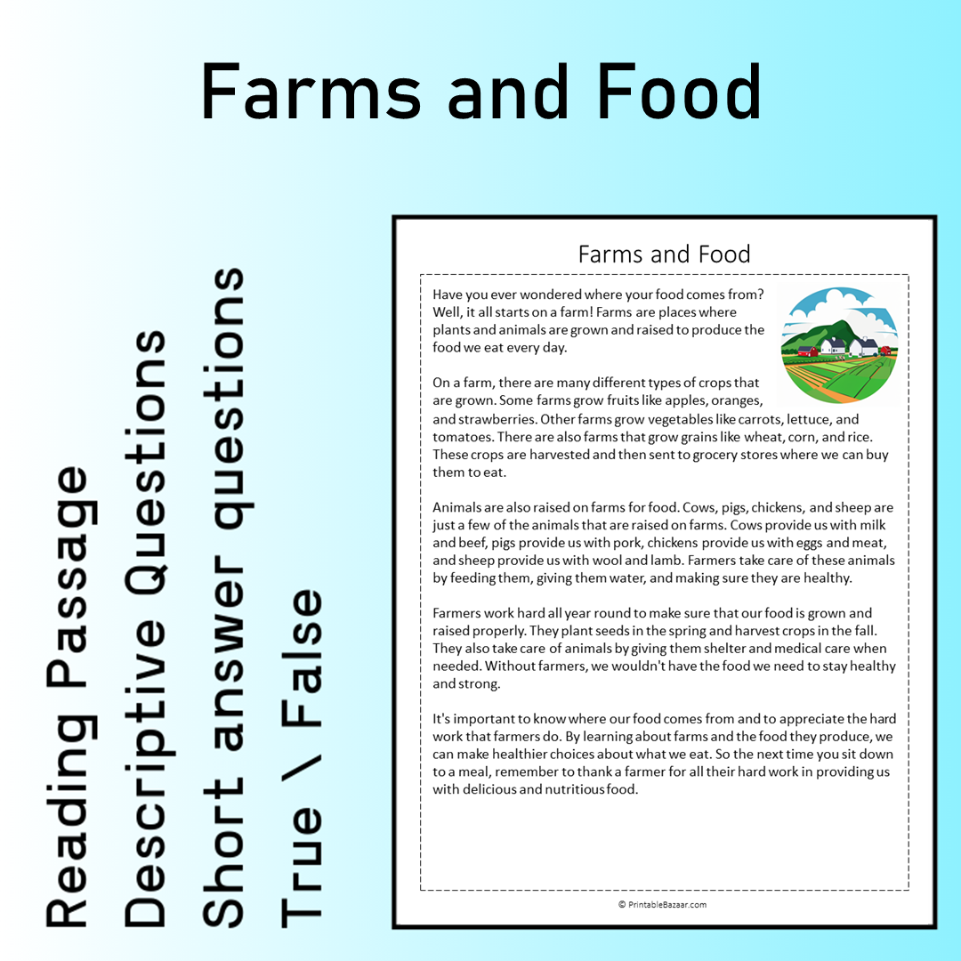 Farms and Food | Reading Comprehension Passage Printable Worksheet