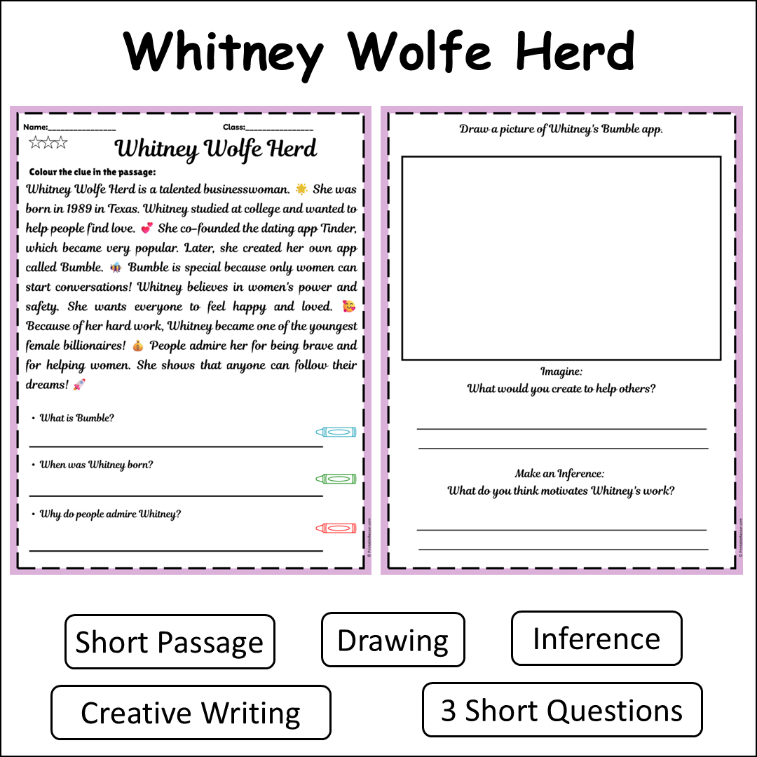 Whitney Wolfe Herd | Short Reading Comprehension Creative Worksheet