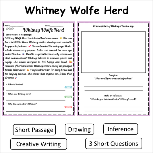 Whitney Wolfe Herd | Short Reading Comprehension Creative Worksheet