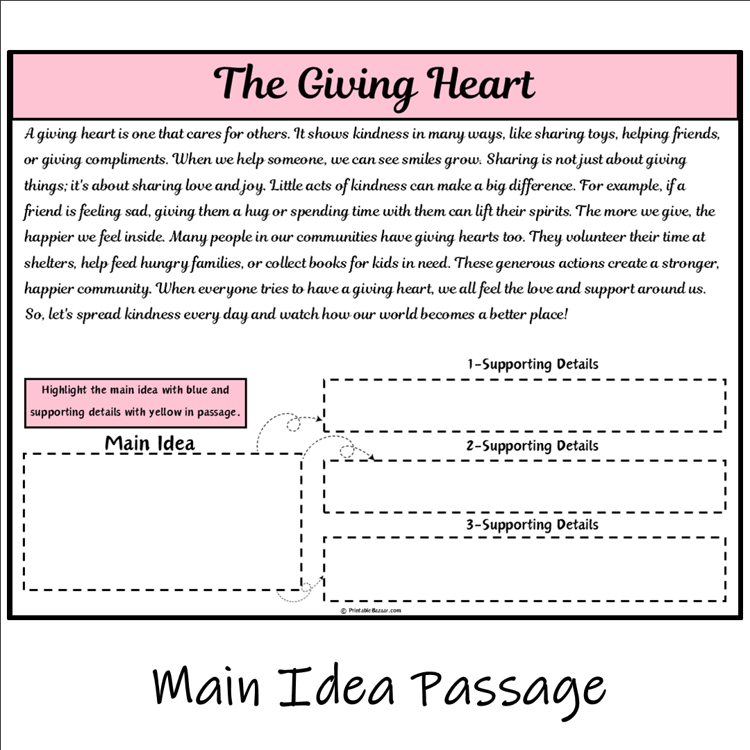 The Giving Heart | Main Idea and Supporting Details Reading Passage and Questions