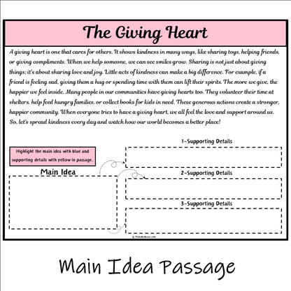 The Giving Heart | Main Idea and Supporting Details Reading Passage and Questions