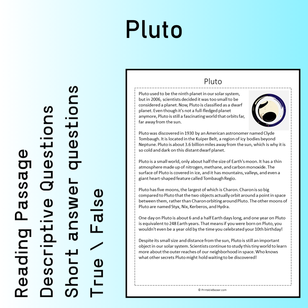 Pluto | Reading Comprehension Passage Printable Worksheet