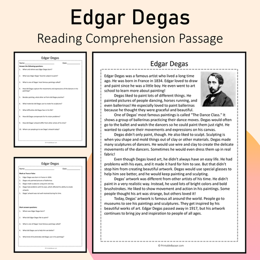 Edgar Degas | Reading Comprehension Passage Printable Activity