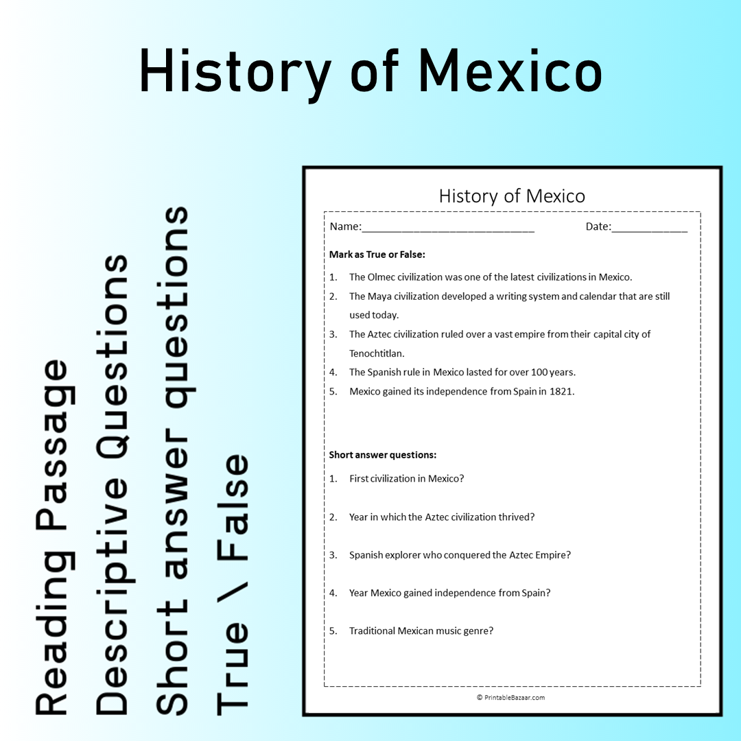 History of Mexico | Reading Comprehension Passage Printable Worksheet
