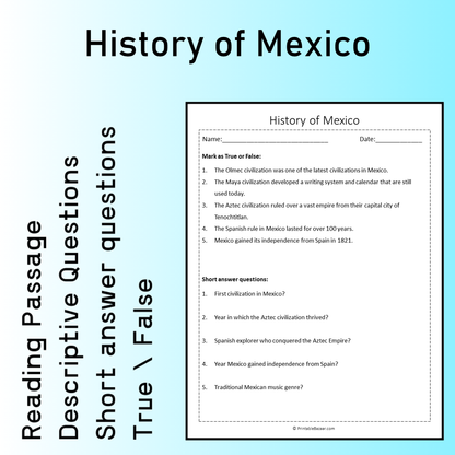 History of Mexico | Reading Comprehension Passage Printable Worksheet