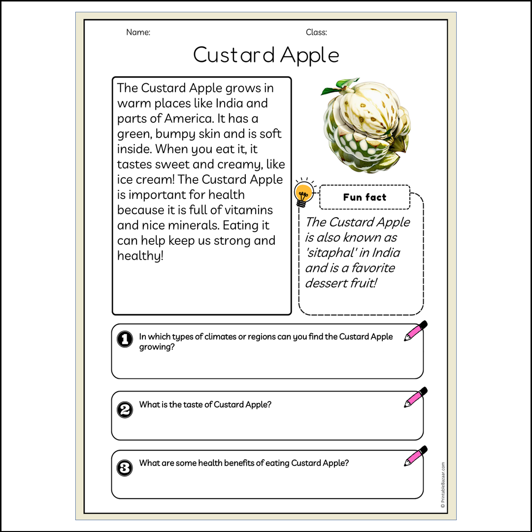 Custard Apple | Reading Passage Comprehension Questions Writing Facts Worksheet