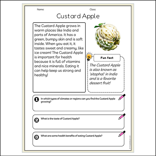 Custard Apple | Reading Passage Comprehension Questions Writing Facts Worksheet