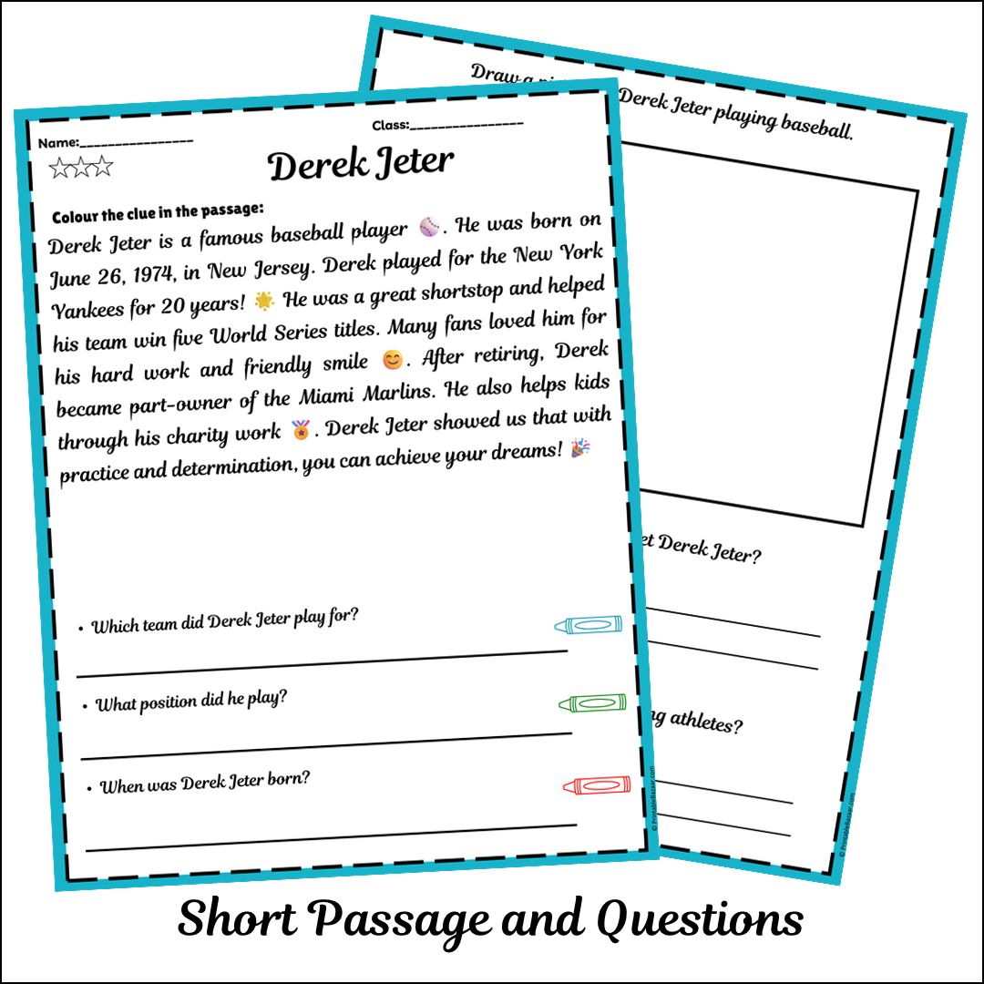 Derek Jeter | Short Reading Comprehension Creative Worksheet