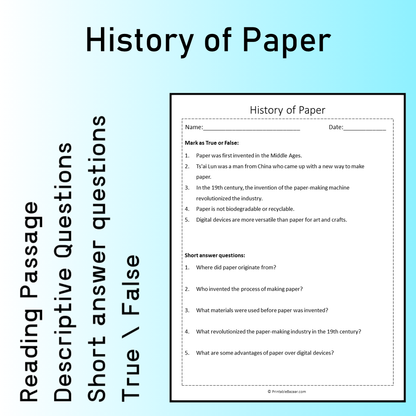 History of Paper | Reading Comprehension Passage Printable Worksheet