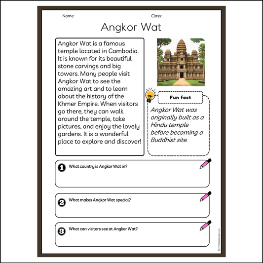 Angkor Wat | Reading Passage Comprehension Questions Writing Facts Worksheet