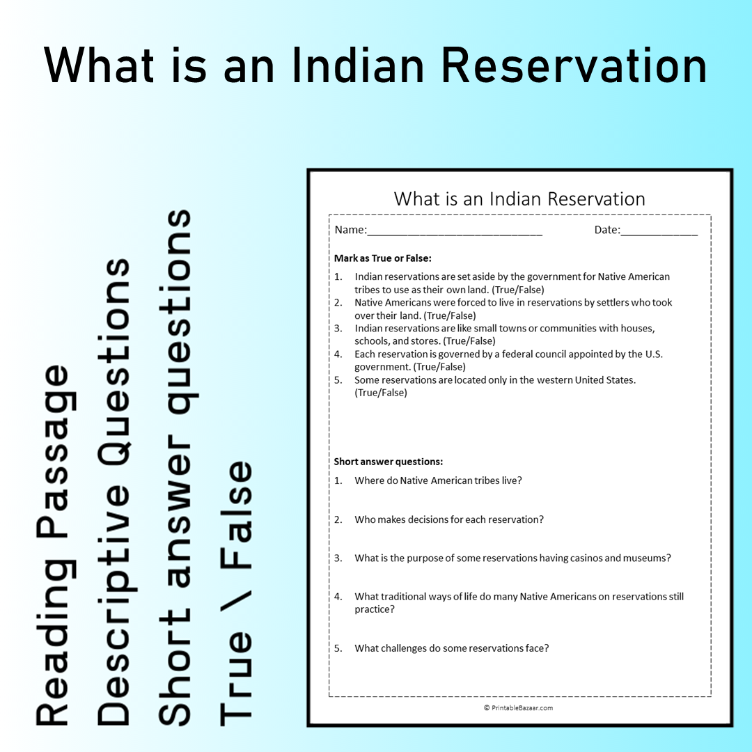 What is an Indian Reservation | Reading Comprehension Passage Printable Worksheet