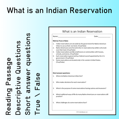 What is an Indian Reservation | Reading Comprehension Passage Printable Worksheet