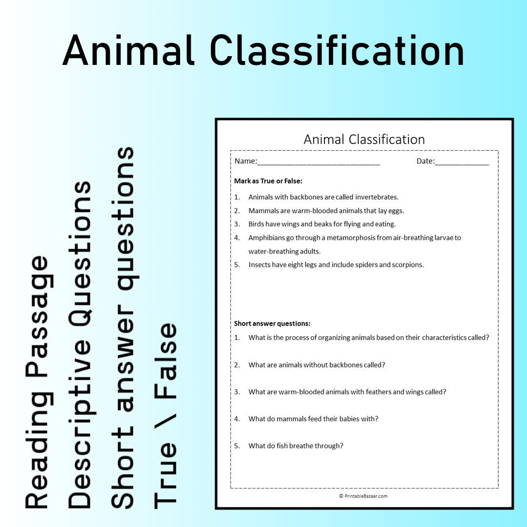 Animal Classification | Reading Comprehension Passage Printable Worksheet