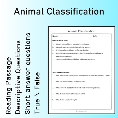 Animal Classification | Reading Comprehension Passage Printable Worksheet