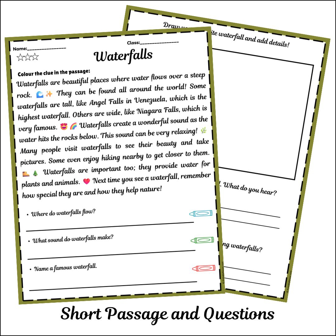 Waterfalls | Short Reading Comprehension Creative Worksheet