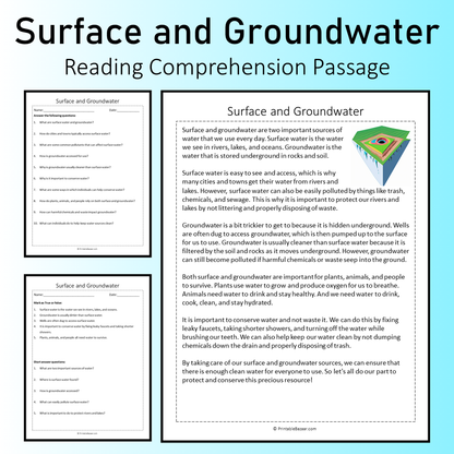 Surface and Groundwater | Reading Comprehension Passage Printable Worksheet