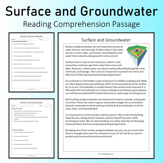 Surface and Groundwater | Reading Comprehension Passage Printable Worksheet