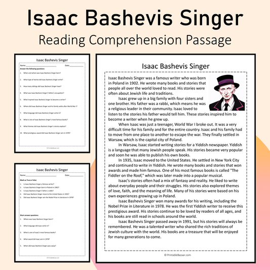Isaac Bashevis Singer | Reading Comprehension Passage Printable Activity