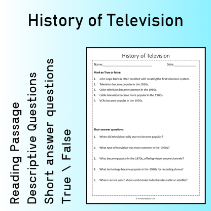 History of Television | Reading Comprehension Passage Printable Worksheet