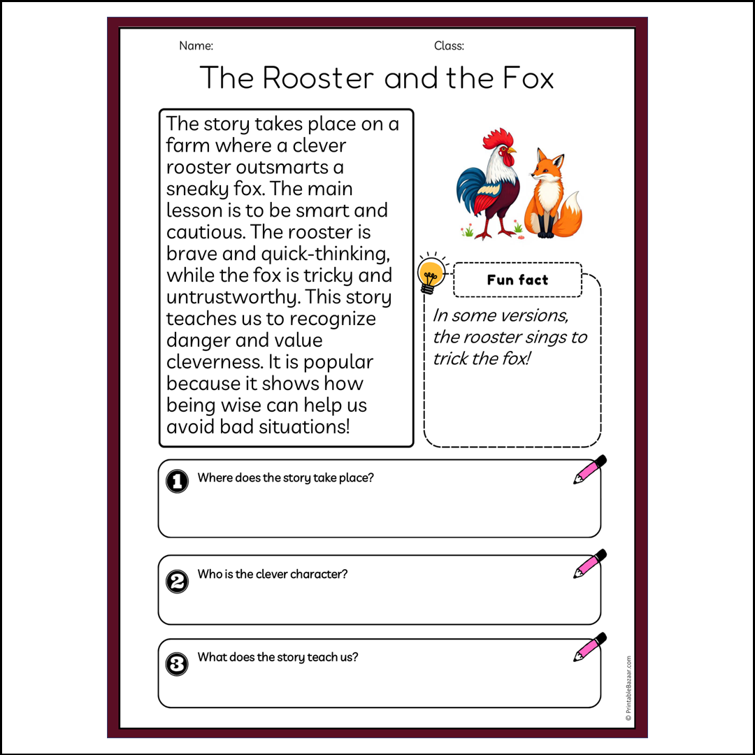 The Rooster and the Fox | Reading Passage Comprehension Questions Writing Facts Worksheet