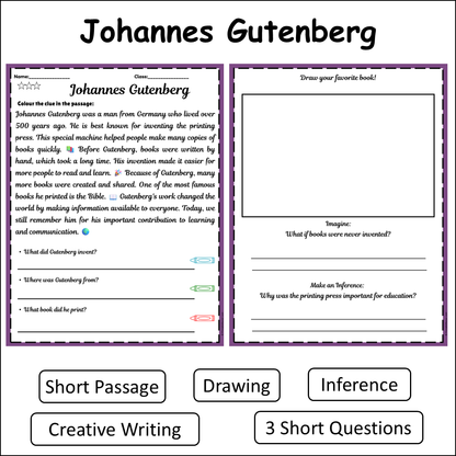 Johannes Gutenberg | Short Reading Comprehension Creative Worksheet