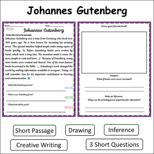 Johannes Gutenberg | Short Reading Comprehension Creative Worksheet