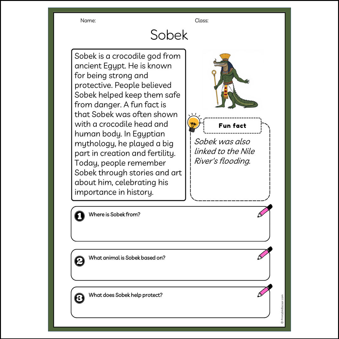 Sobek | Reading Passage Comprehension Questions Writing Facts Worksheet