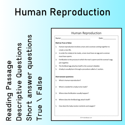 Human Reproduction | Reading Comprehension Passage Printable Worksheet