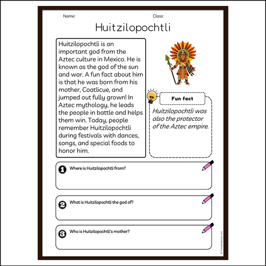 Huitzilopochtli | Reading Passage Comprehension Questions Writing Facts Worksheet